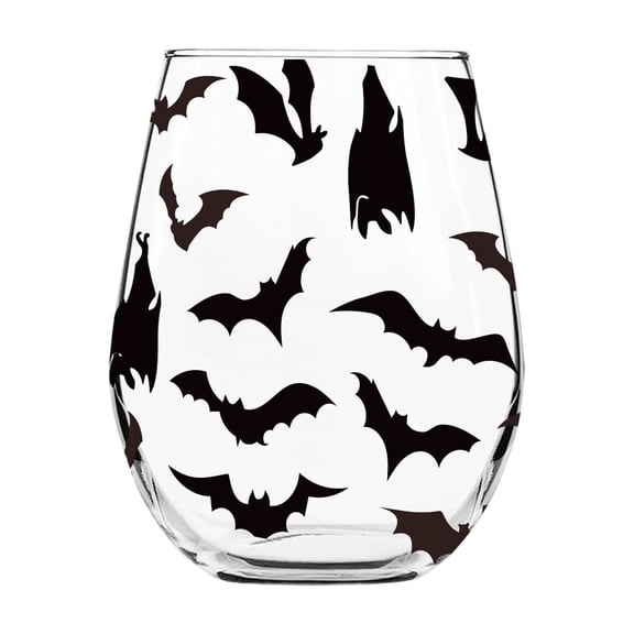 15 oz Stemless Halloween Glass Tumbler, Bat Print Drinking Cup for Water Juice Iced Coffee & Cocktails, Spooky Barware for Party Decor