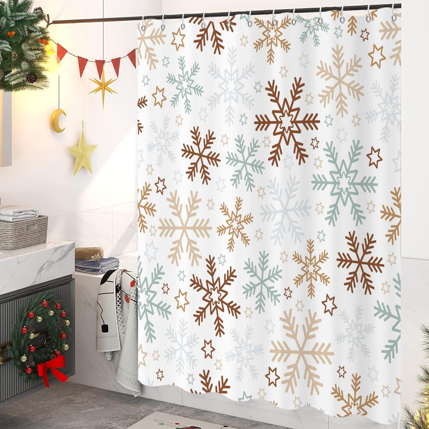 Christmas Shower Curtain, Blue and Brown Xmas Snowflake White Background Winter New Year Holiday Bathroom Curtain Waterproof Fabric Machine Washable with Hooks, 72" Wx84 L