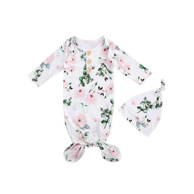 Xingqing 2PCS Newborn Infant Baby O-Neck Floral Cartoon Print Sleeping Pocket Round Hat