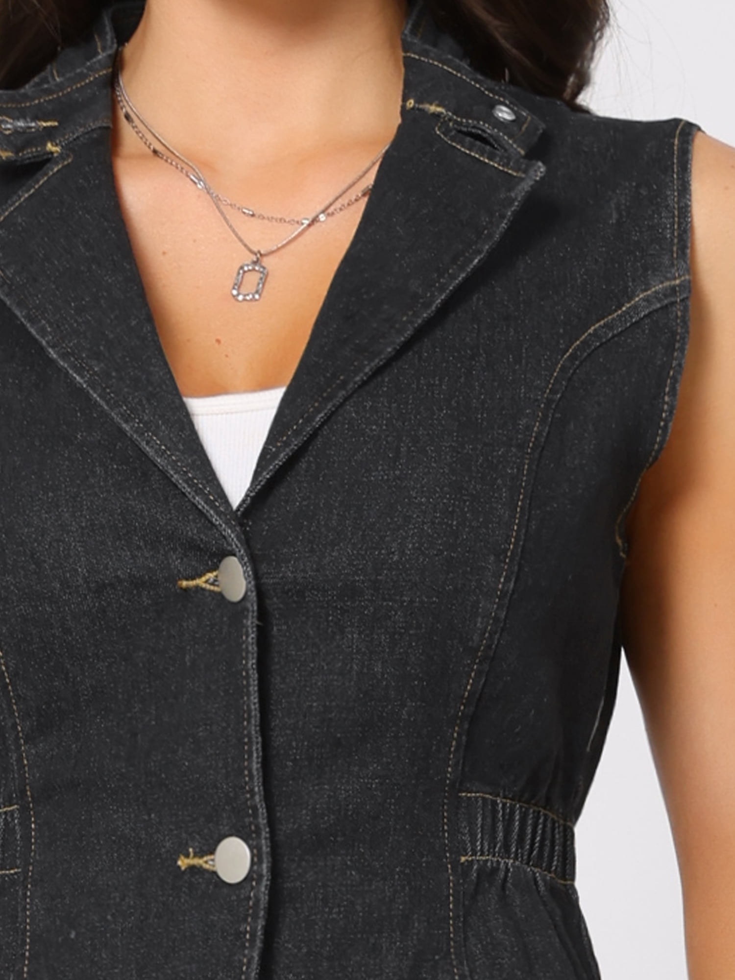 DARING DIVA Women's Button Down V Neck Elastic Waist Sleeveless Waistcoat L Black