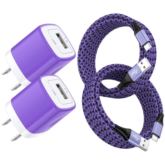 2-Pack Type C Charger Block with 6FT Braided USB C Cable, Compact Wall Charger Phone Charger Station Compatible with iPhone 17/16/15 Pro Max iPad Pro Galaxy S26 Android, Purple