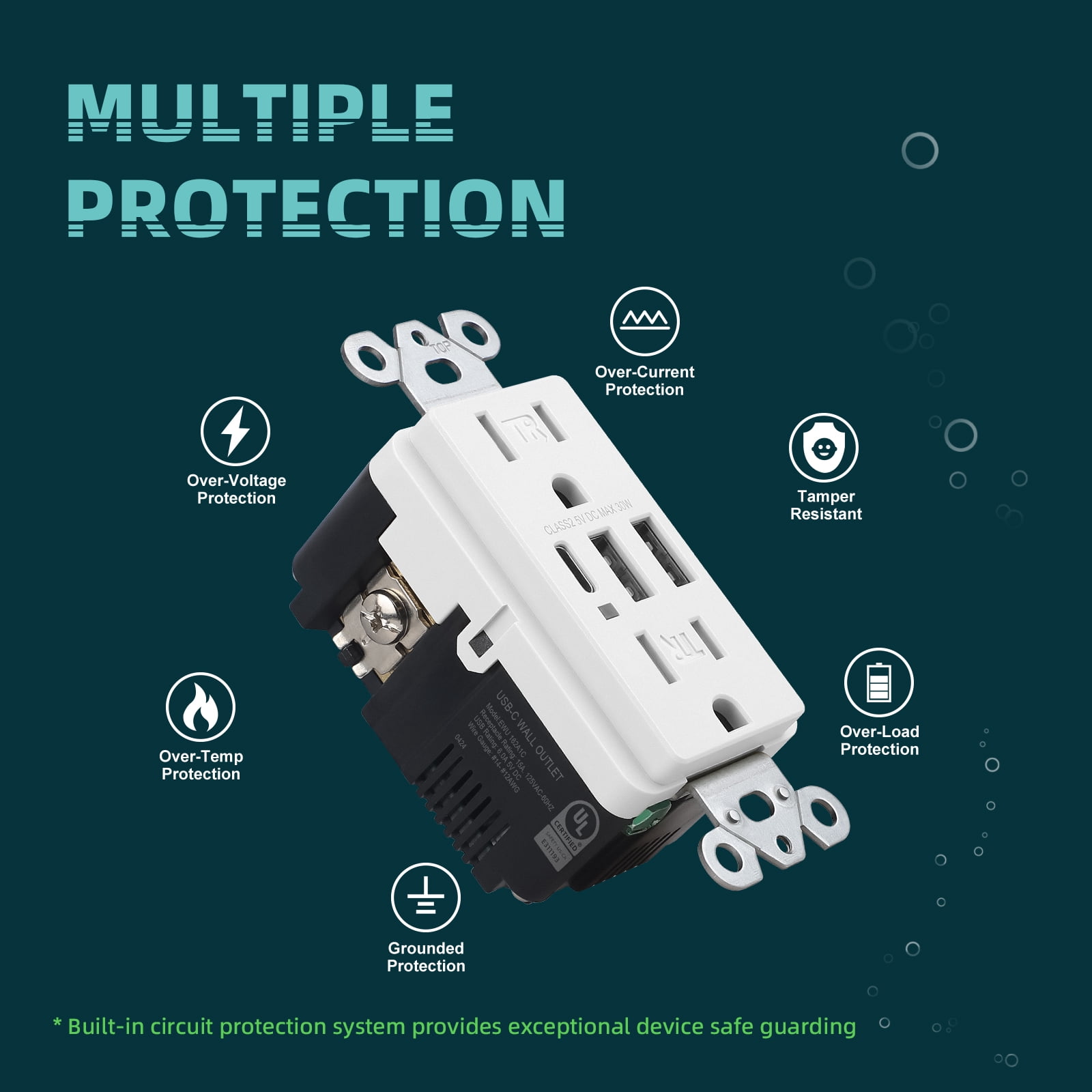 TOPELER 15A Tamper Resistant USB Outlet with 3 Ports (6.0A Total), Includes Screwless Wall Plate, UL & FCC Listed, White, 2 Pack