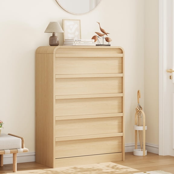 Modern Arched 5-Drawer Dresser – 45" Tall Freestanding Wooden Chest with Golden Handles– Natural Oak