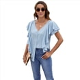 thumbnail image 1 of Blusas Informales Elegantes para Mujer, Blusas con Cuello en V, Botones y Mangas con Volantes. Azul S, 1 of 10