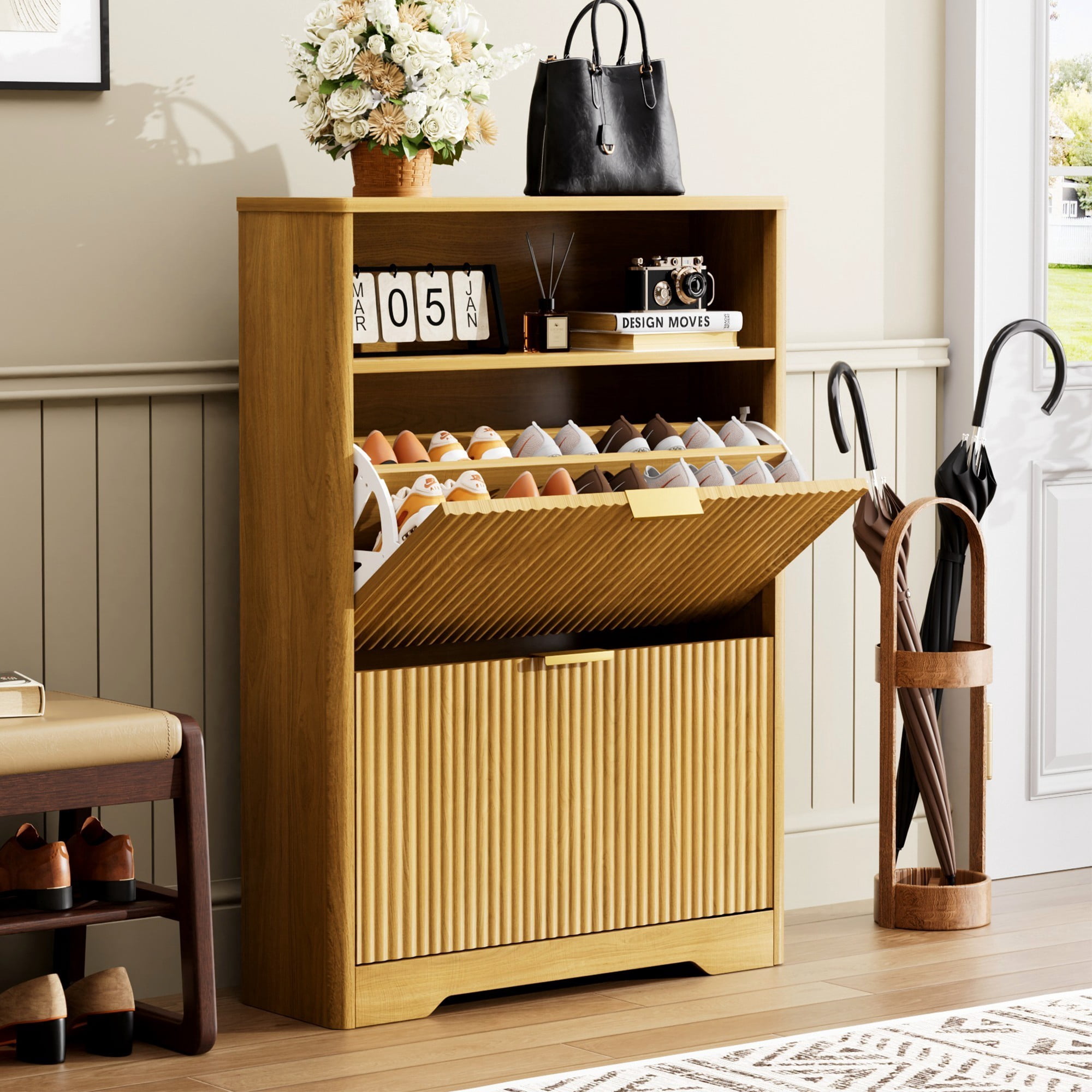 40" Shoe Cabinet with 2 Flip Drawers, Entryway Shoe Storage Organizer Rack, Narrow Hidden Shoe Cabinet for Hallway, Natural