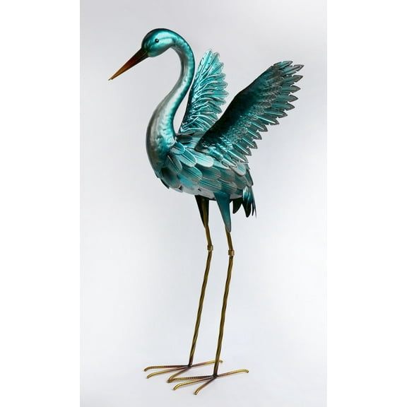Turquoise Wings Open Metal Crane Garden Statue