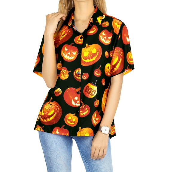 HAPPY BAY Women's Beach Hawaiian Blouse Shirt Spooky Pumpkin Print Tops Short Sleeve Button Down Holiday Party Halloween Costumes Shirts for Women S Scary Pumpkins Orange