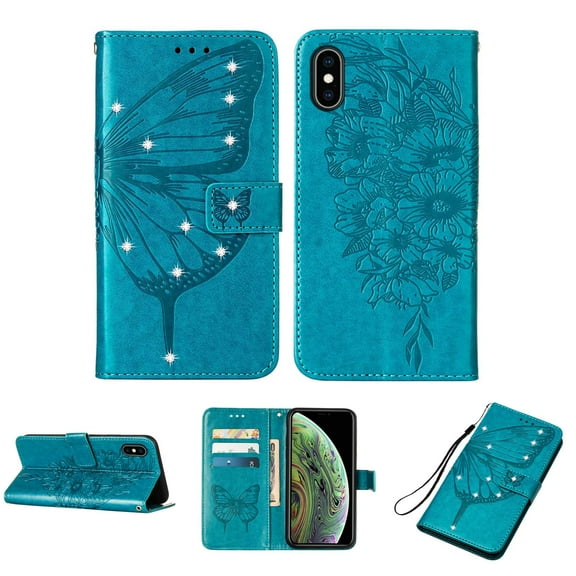 Allytech for Apple iPhone X/iPhone XS Case,Shockproof Stylish PU Leather Bling Glitter Diamond Embossed Pattern Flip Holder Magnetic Clasp Card Slots Wallet Phone Case Cover,Blue