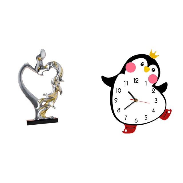 Figura de pingüino de pareja besándose, estatua coleccionable, adorno de escritorio, reloj de pared de madera, decorativo, encantador, alimentado por