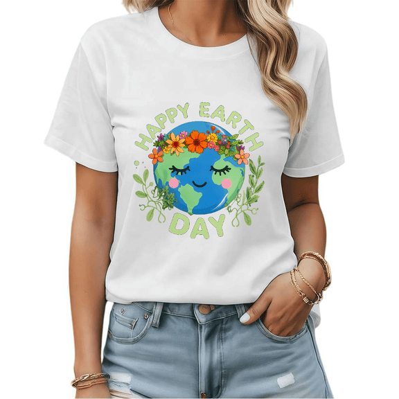 Happy Earth Day Floral Crown Earth Graphic Tees Womans Tshirt Shirts White/Black S-5XL Tops