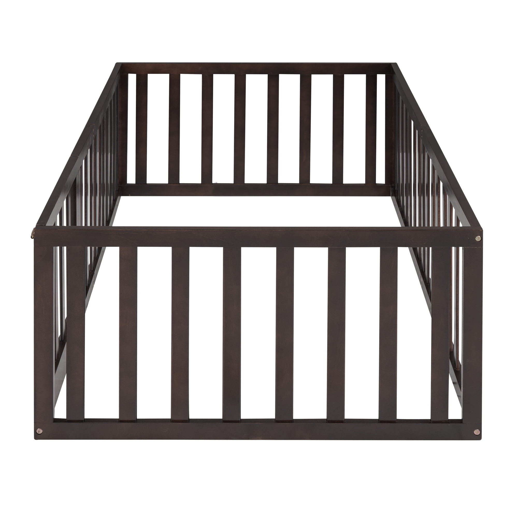 Gewnee Twin Size Toddler Floor Bed,Pind Wood Kids Floor Bed Frame with Fence and Door,Walnut