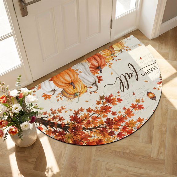 Happy Fall Diatomaceous Earth Bath Mat, Rustic Orange White Pumpkin Maple Leaf Script Letter Half Round Non-Slip Quick Dry Door Mat Super Absorbent Bath Rug for Bathroom Kitchen Laundry 16x24in