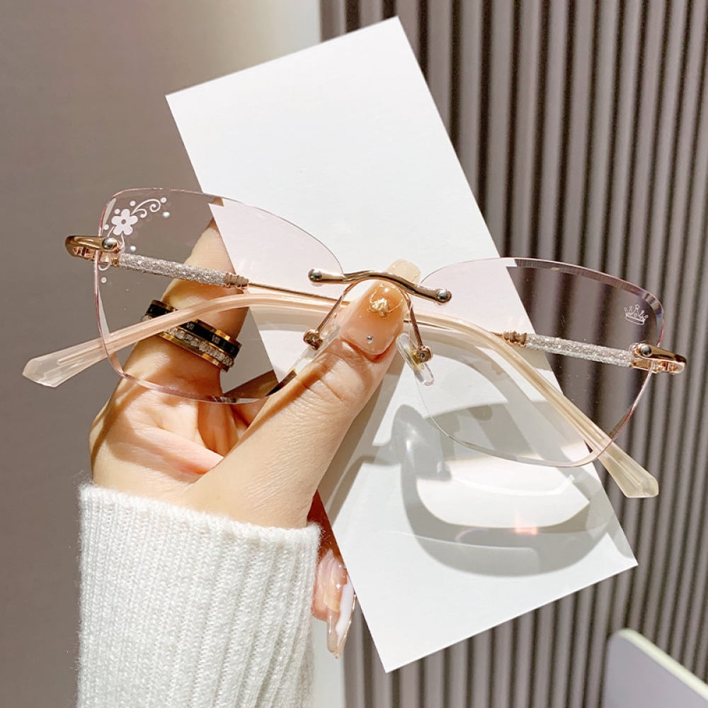 2 Pairs of Women Diamond Rimless Blue Light Blocking Reading Glasses 2.00 Gradient Pink Sunglasses Butterfly Gold Readers +2.00