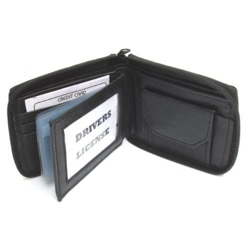Mens Black Leather Wallet Lamb Zippered Bifold 782