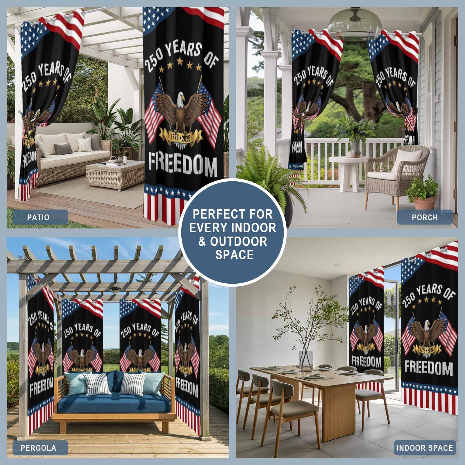 250 Years of Freedom Eagle Outdoor Curtains for Patio, Independence Day Red Blue Stripe Star Flag Sunshade Privacy Drapes Grommet Waterproof Outside Curtains for Porch Balcony 54"x108", 1 Panel