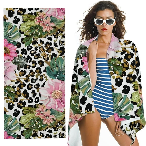 PHYHOO  Leopard Print and Floral Microfiber Sand Free Beach Towel Oversized Quick Dry Absorbent for Pool Swimming Bathroom Beach Towel 30x60in