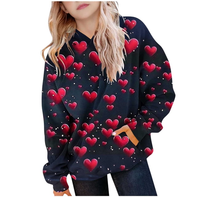 Hombro Frío Tops Niñas Día de San Valentín Impreso Manga Larga Sudadera con Capucha con Insertos de Hombro, Manga Larga Top