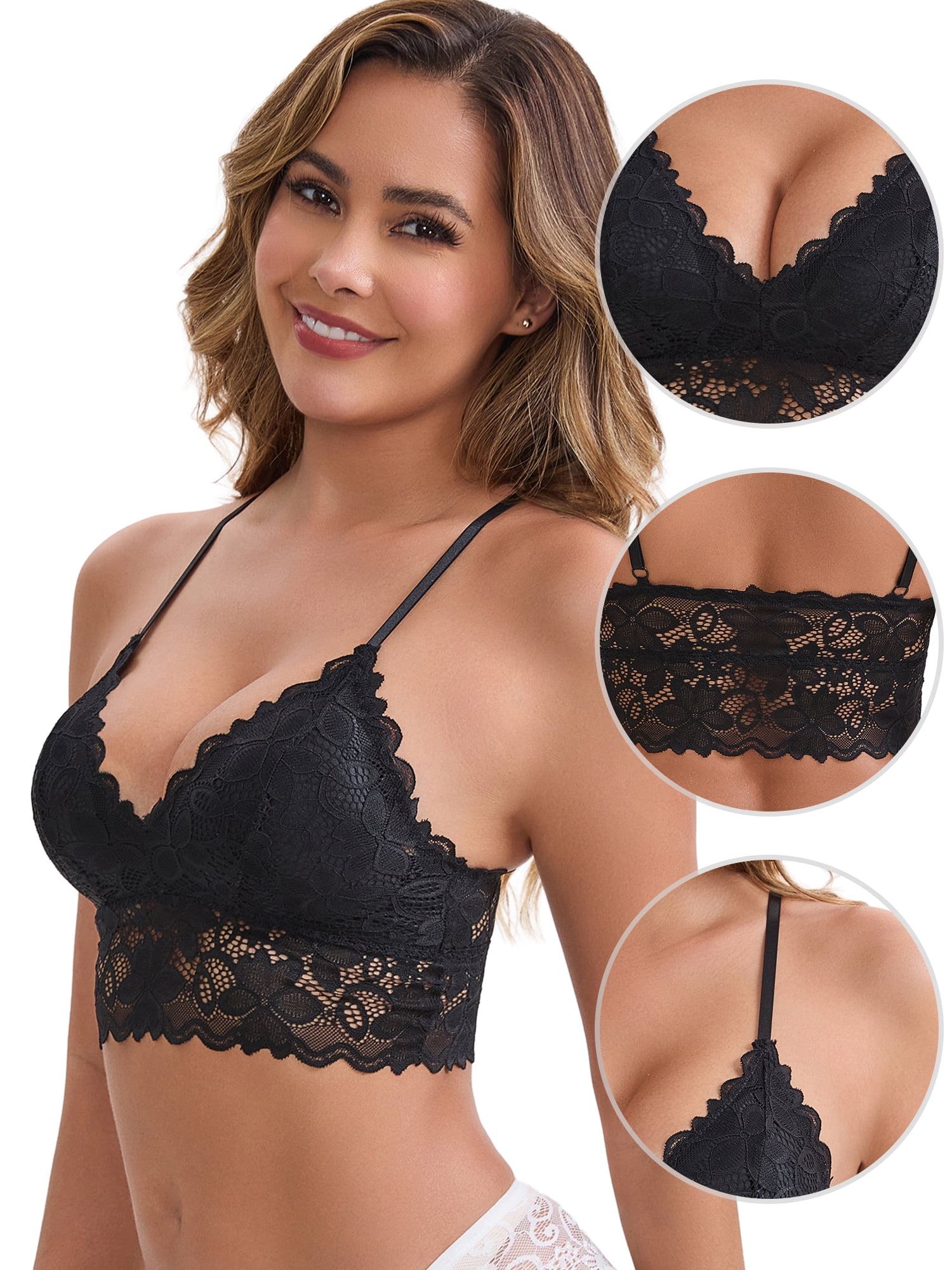 DARING DIVA Women's Deep V Adjustable Straps Lace Bralettes Camisole L Black