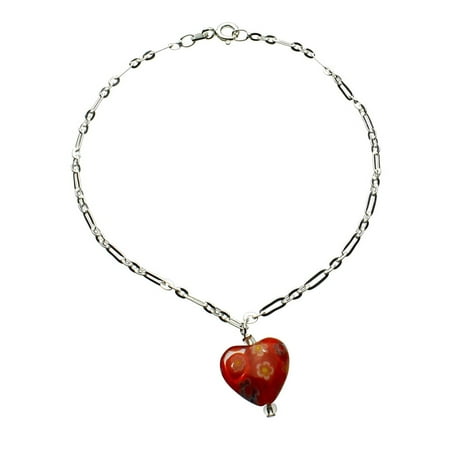 8mm Millefiori Glass - Sterling Silver Murano-style Millefiori Red Glass Heart Charm Bracelet 7.5 inch