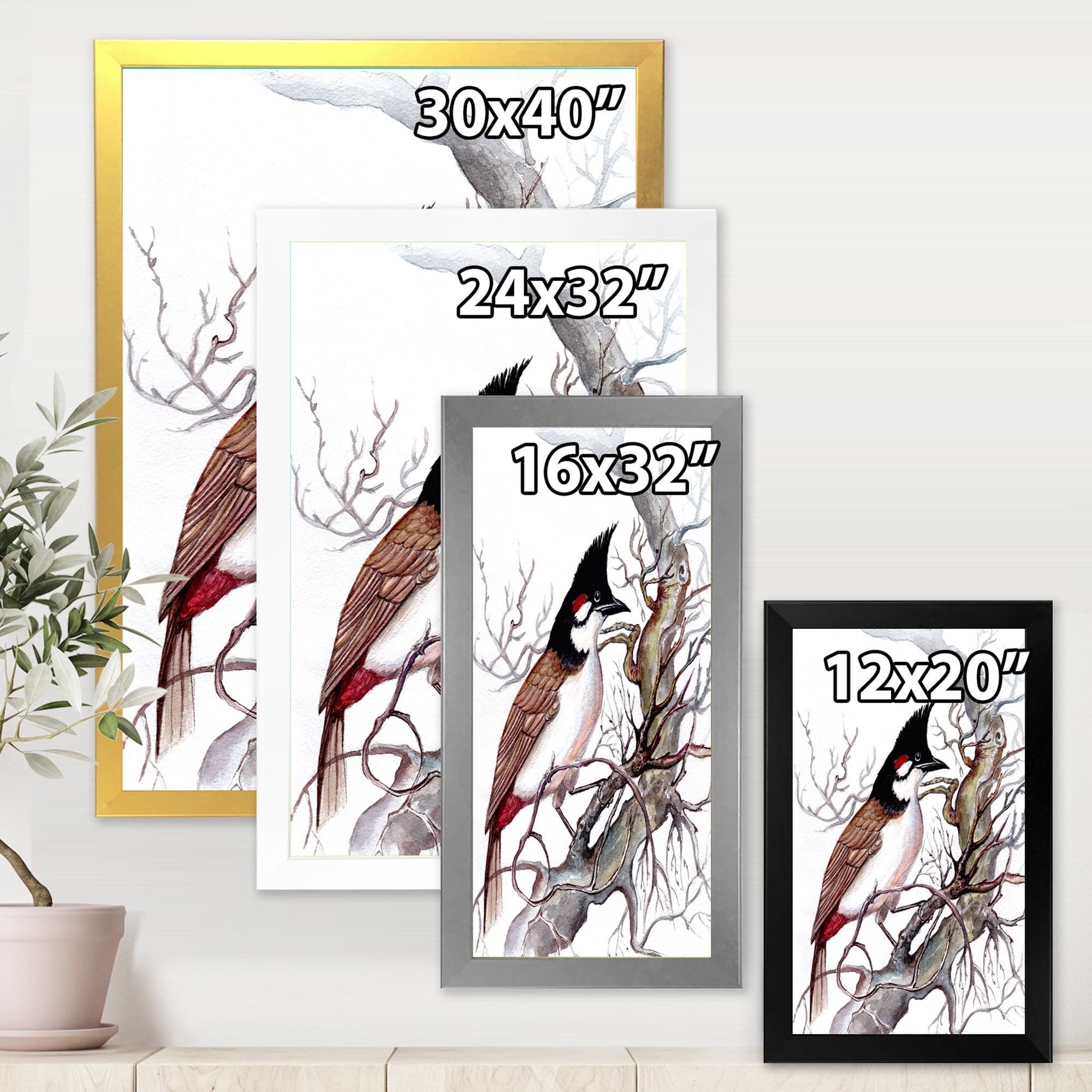 Designart 'Ancient Beautiful Bird On A Branch' Traditional Framed Art Print