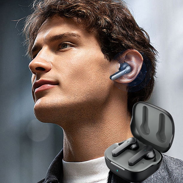 Auriculares Bluetooth Estéreo Compactos Grises con Estuche de Carga Inalámbrica, Verdaderos Inalámbricos TWS