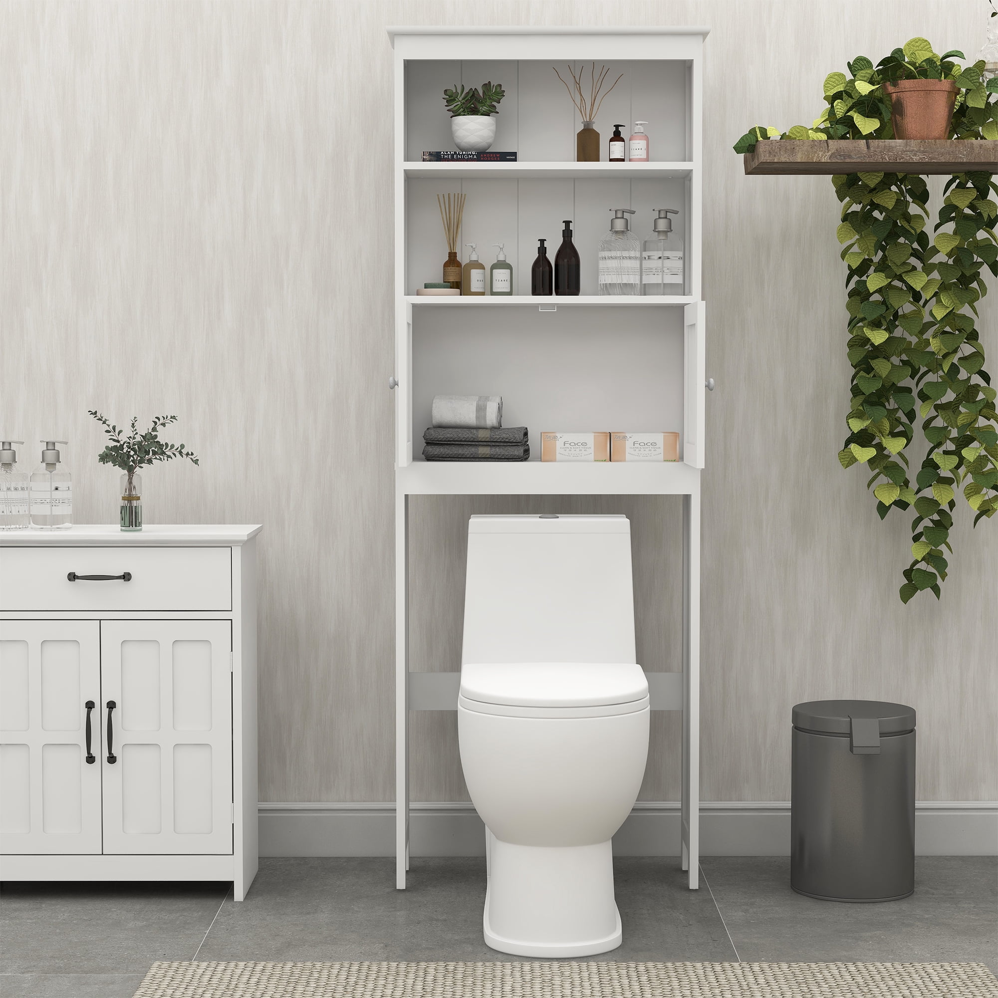 2 -Tier Toilet Bathroom Spacesaver Storage Shelf with 2 Doors, Over The Toilet Rack Wood Storage Organizer Cabinet for Bathroom Freestanding Shelf, White