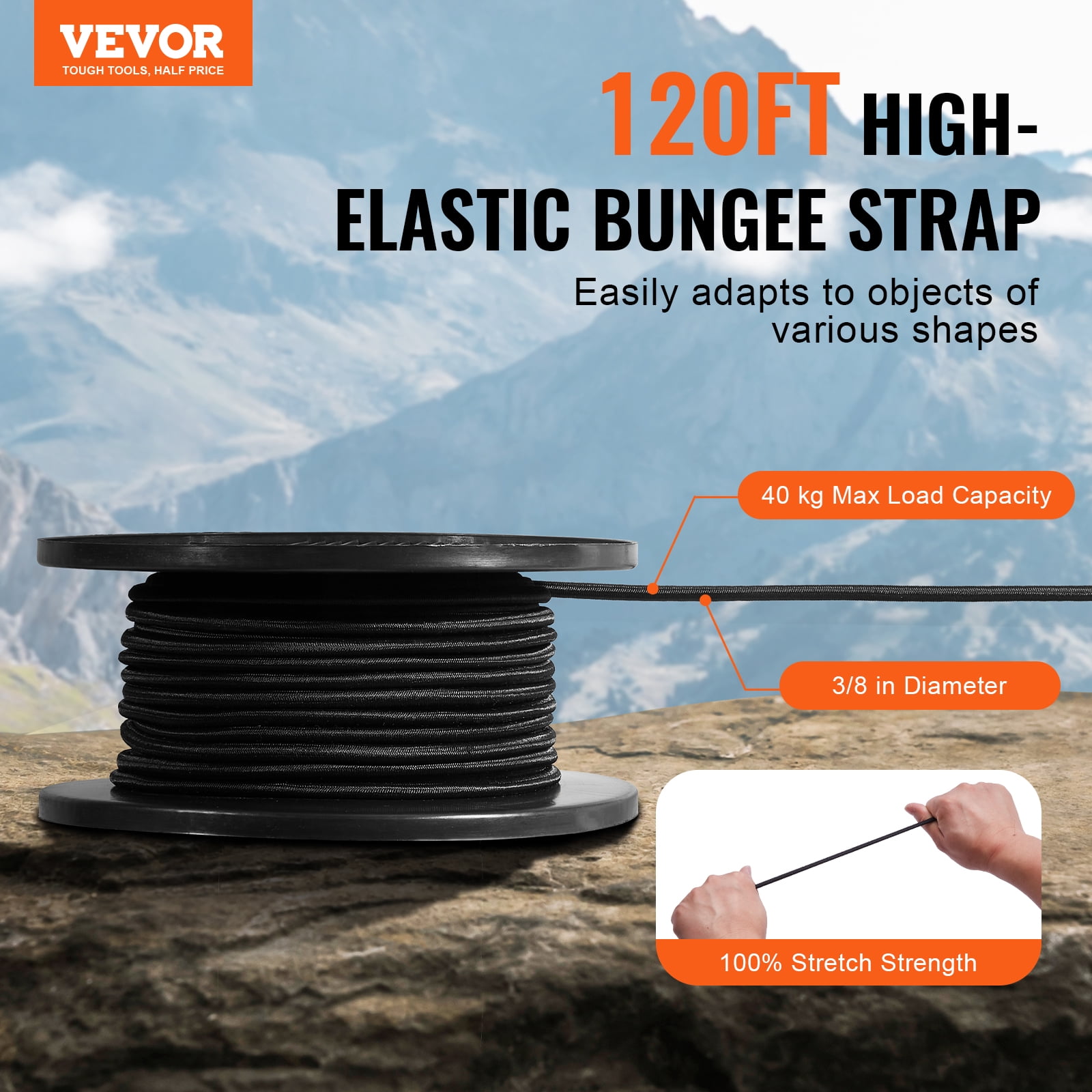 VEVOR 3/8 inch Bungee Cord, 120 ft/36 m Spool Heavy Duty Bungee Straps, 100% Stretch Elastic Bungee Rope for Cargo, Tarps, Camping, Kayak Deck and Crafting, Black