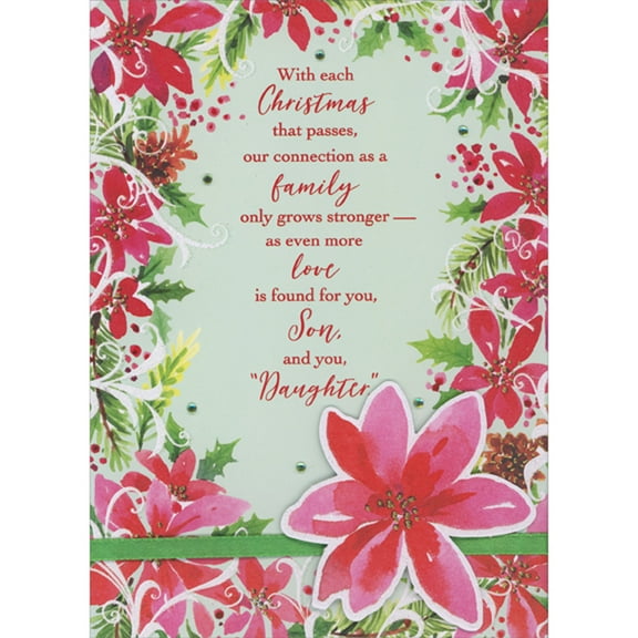 Designer Greetings Our Connection as a Family: Die Cut 3D Pink Flowers Over Green Ribbon Hand Decorated Christmas Card for Son and 'Daughter'