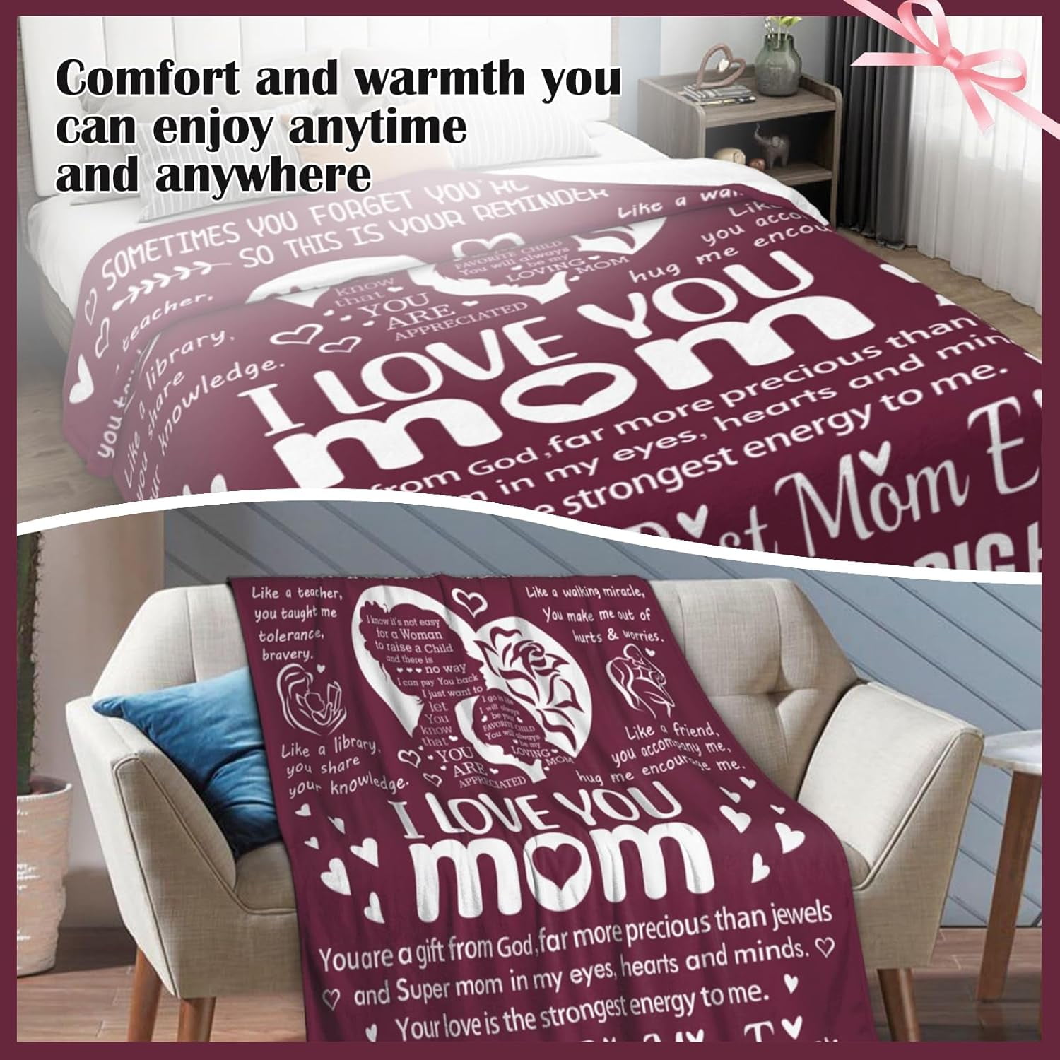 I Love You Mom Blanket for Mom, Valentines Gifts for Mom from Daughter Son, Birthday Gifts for Women Who Has Everything, Blanket Gift for Her, I Love You Mom Throw Blanket