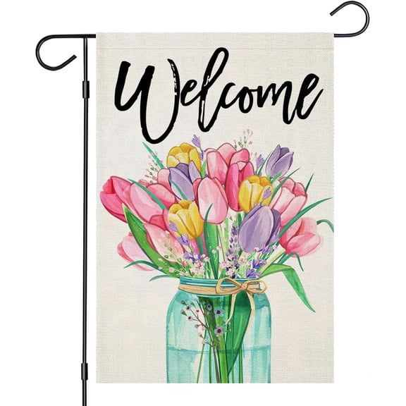 Welcome Summer Spring Garden Flags for Outside, Tulips Flowers in Mason Jar Yard Decoration, Small Seasonal Outdoor Decor for Wedding Anniversary Farmhouse Holiday,12.5x18 Double Sided
