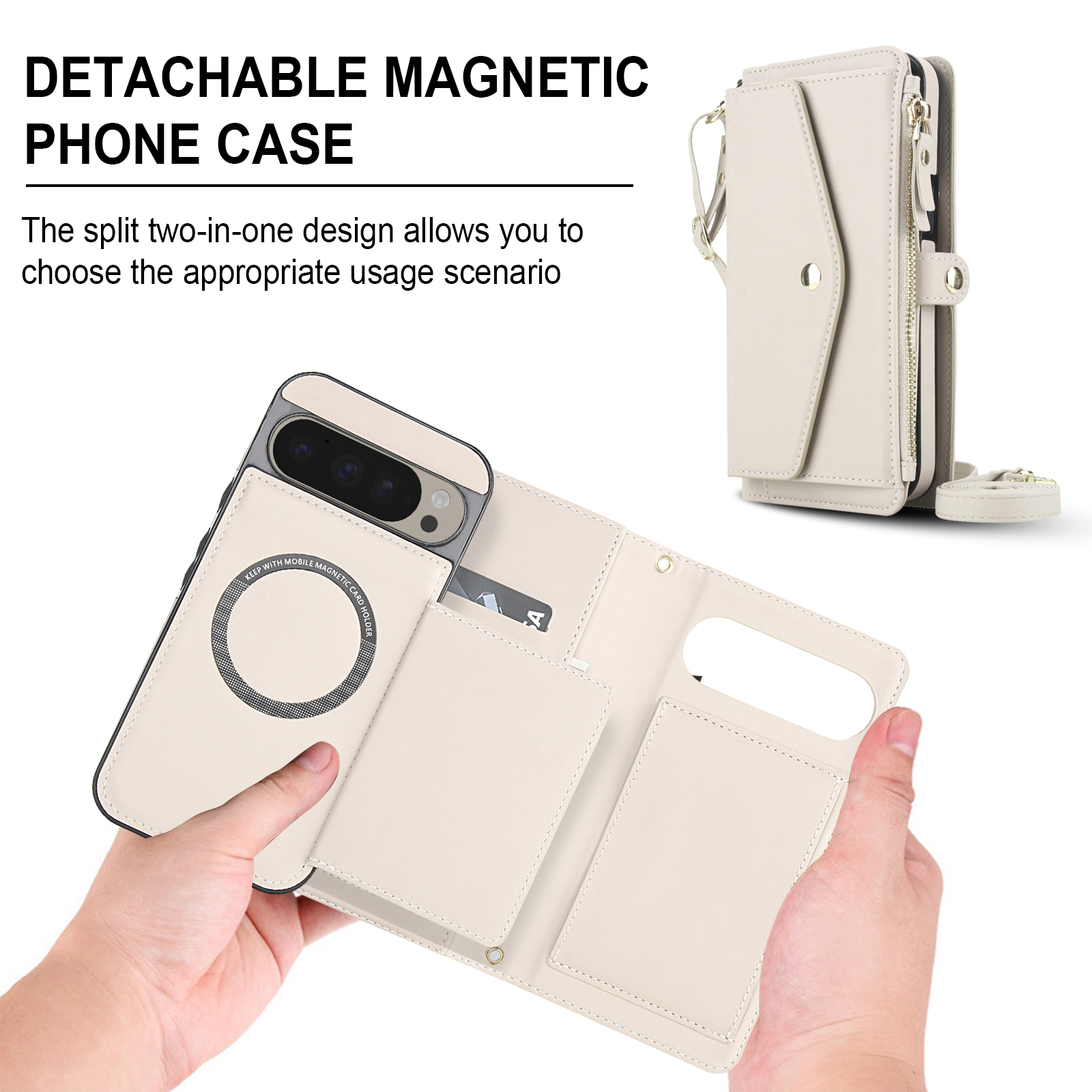 Designed for Google Pixel 9A Multi-Function Wallet Phone Case,With Shoulder Strap&Wrist Strap,Cash Pocket&Card Slots,Zipper Purse,Magnetic Detachable PU Leather Flip Phone Case,White