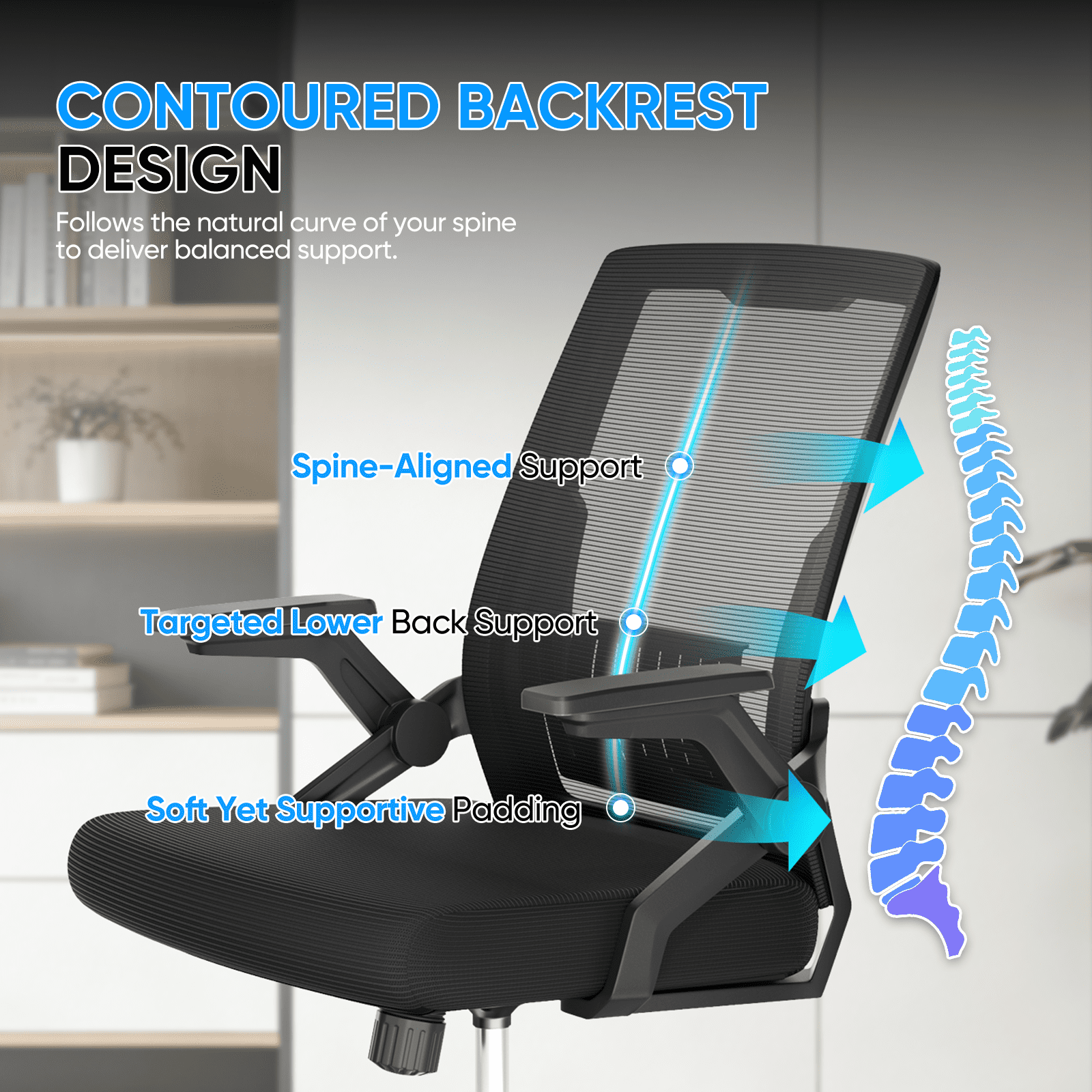 Monibloom Ergonomic Office Chair for Adults, Flip-Up Adjustable Armrest, 135° Reclining Tilt Lock, Thick Cushion Mesh Back, Home Desk Chair