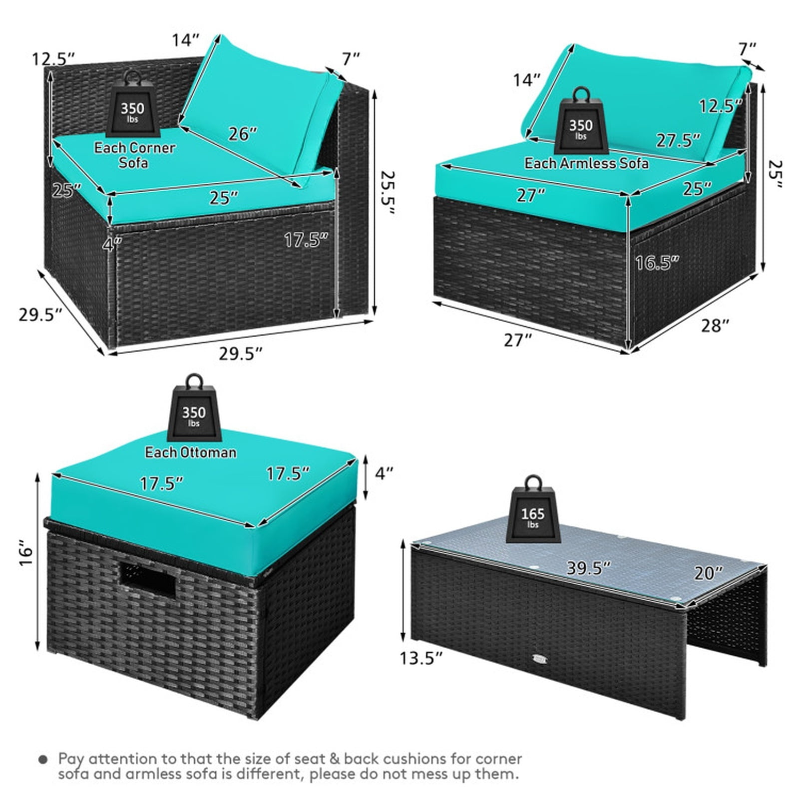 Furnibear 8 Pieces Patio Rattan Furniture Set Outdoor Wicker Conversation Sofa Set with Storage Table Tempered Glass Top and Cushions for Backyard, Turquoise