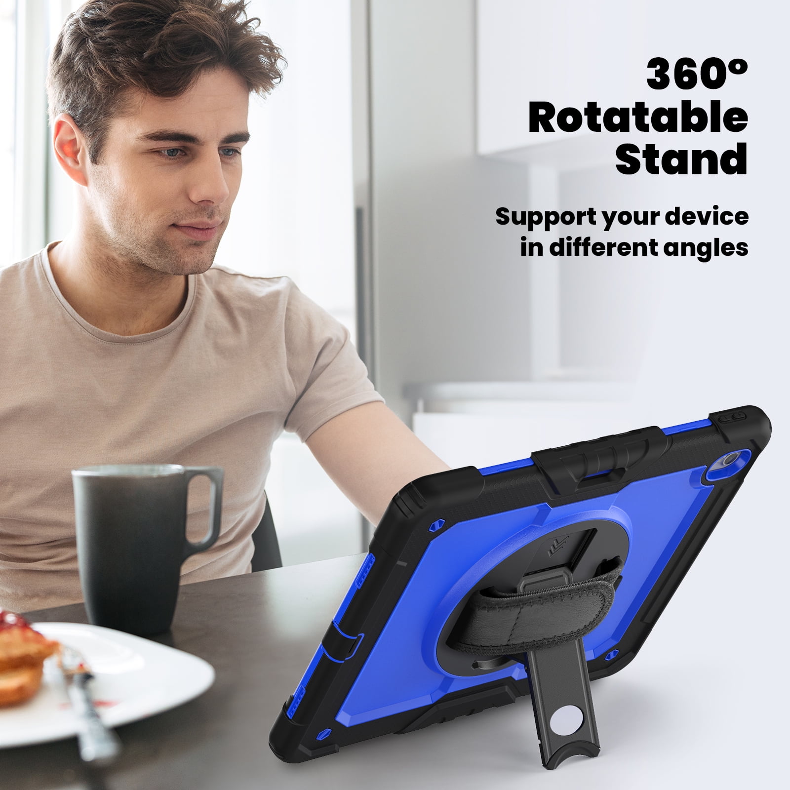 Allytechgroup iPad Air 13 2024 Case with Screen Protector / Shoulder Strap/ Pencil Holder, Heavy Duty Shockproof Rugged Handle Kickstand Bumper Case Cover for Apple iPad Air 13 Inch 2024 M2,Blue+Black