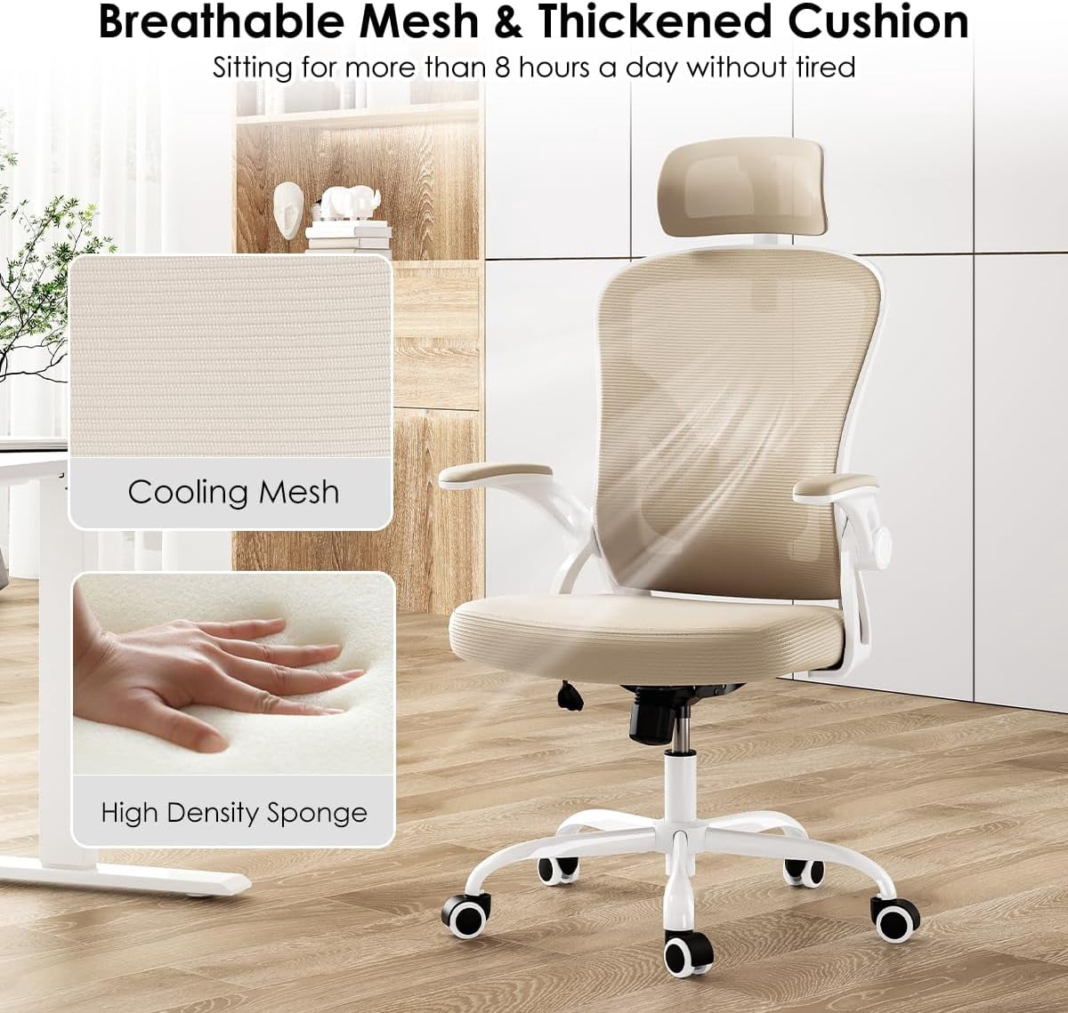 STARY Ergonomic Mesh Office Chair with Headrest, Tall Reclining Computer Chair with Adjustable Lumbar Support and Adjustable Arms for Home Office, White & Khaki