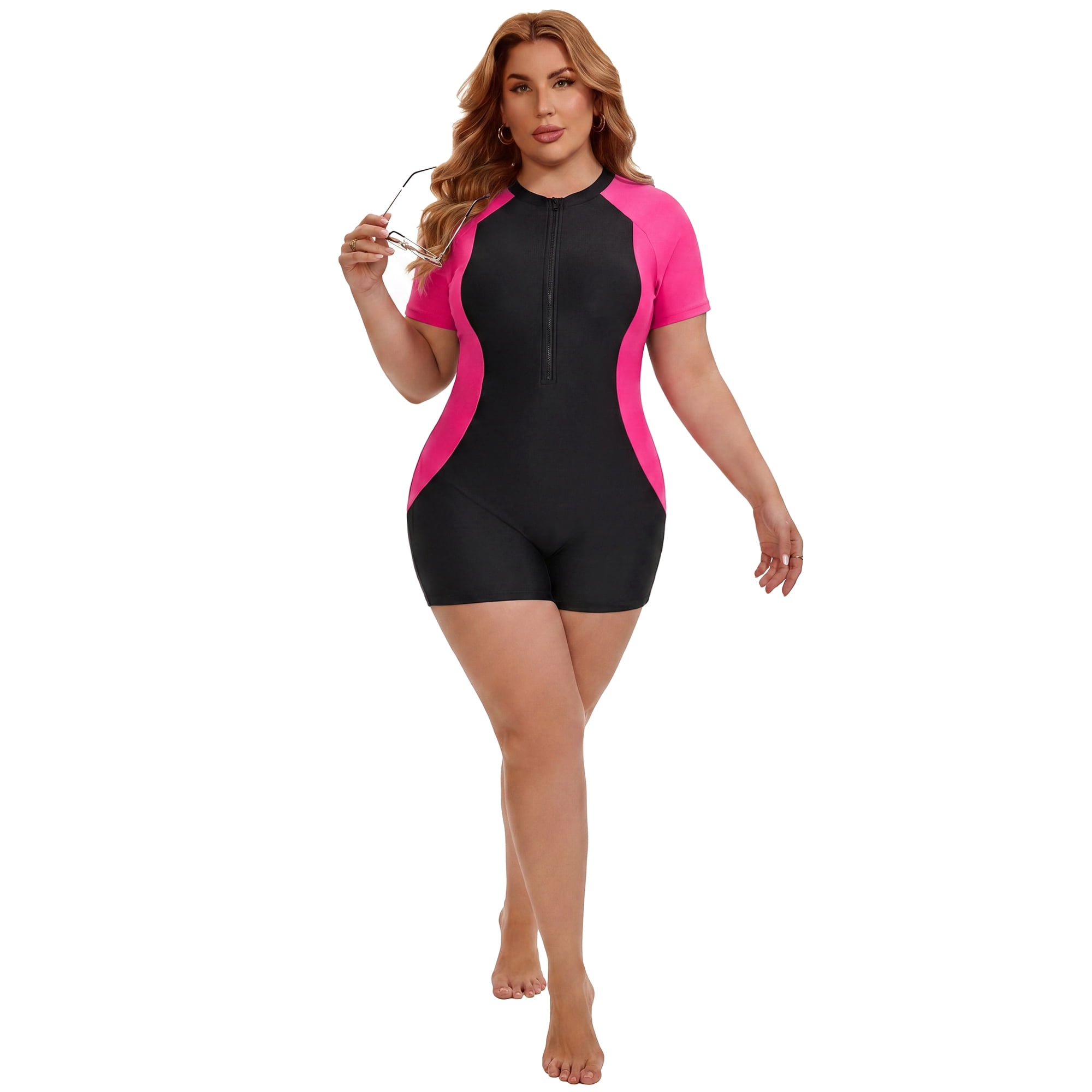DARING DIVA Women's Plus 1 Piece Zip Front Short Sleeve Swimsuit L Black Pick