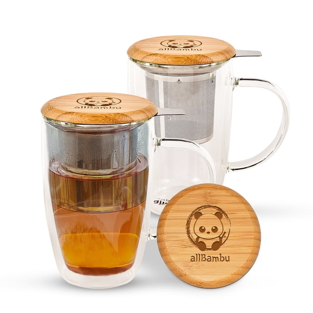 Tasse en Verre à Double Paroi avec Infuseur à Thé en Acier Inoxydable et Couvercle en Bambou - 450 ml. Cette Tasse en Verre Soufflée à la Main Présente un design à Double Paroi pour Garder les Boissons Chaudes Plus Longtemps. Elle Comprend un Infuseur à Thé en Acier Inoxydable pour Infuser des Feuilles de Thé en Vrac et un Couvercle en Bambou Qui Fait Aussi Office de sous-Verre. la Tasse a une Capacité de 450 ml et Est Idéale pour le Thé Ou le Café. le Couvercle en Bambou Est Gravé du logo allBambu, Ajoutant une Touche d'Élégance.