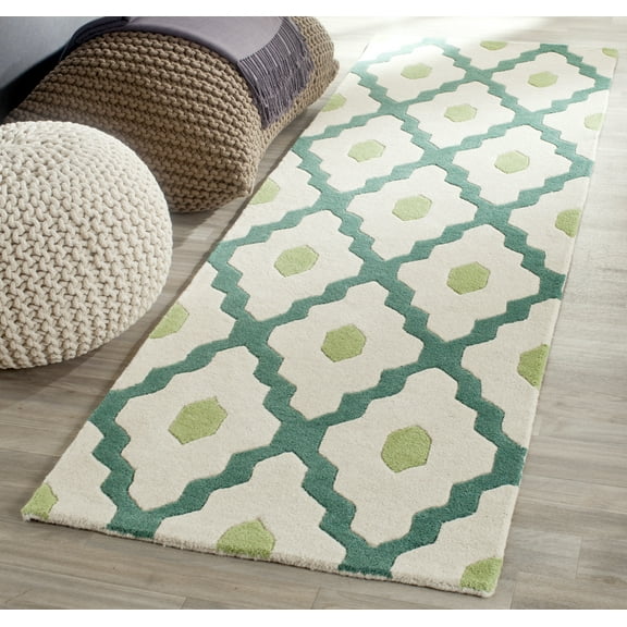 SAFAVIEH Chatham Wystan Geometric Wool Runner Rug, Ivory/Teal, 2'3" x 7'