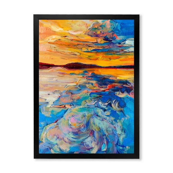 Designart 'Whirly Blue Waves Under Orange Sunset' Nautical & Coastal Framed Art Print