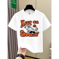 thumbnail image 1 of Halloween T-shirt - Keep On Spookin' Pumpkin Skateboard Tee - White Shirt with Orange Lettering - Lightweight Cotton Top - Party Outfit or Everyday Summer Wear - Easy-Care Hand Washable Clothing, 1 of 6