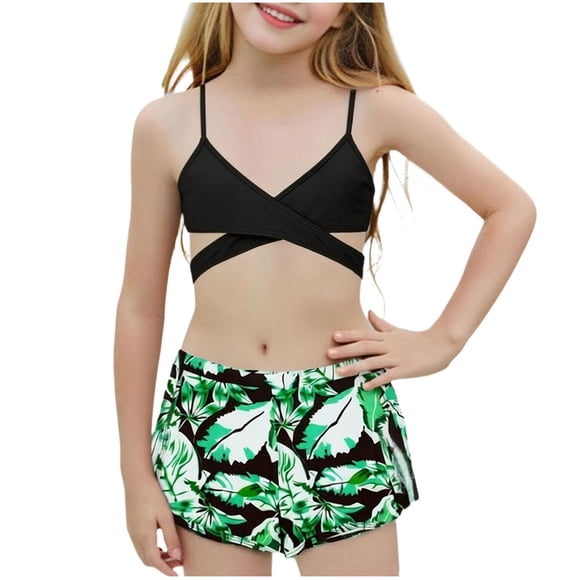 Wo-Fusoul Swimsuit for Girls 8-14 Years, Princess Bikini Set with Hot Spring Design, Split Style and Belly Button Revealing, Includes Top and Bottom, Green