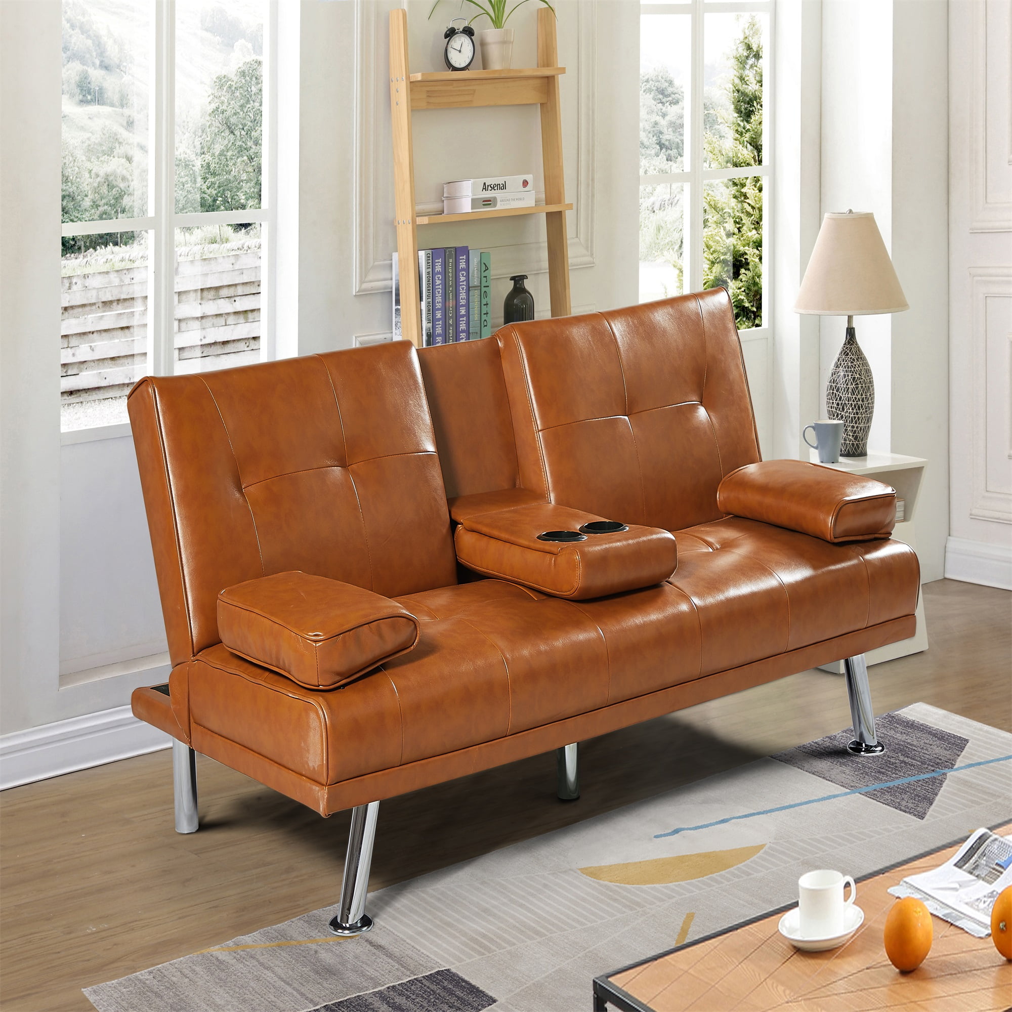 Spaco Convertible Sleeper Couch and Futon Sofa Bed Faux Leather with 2 Cup Holders, Tan Spaco Convertible Sleeper Couch and Futon Sofa Bed Faux Leather with 2 Cup Holders, Tan