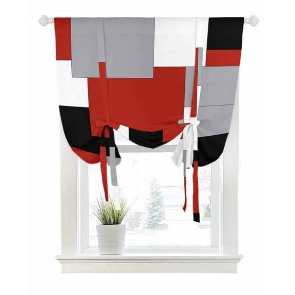 Red Grey Black Geometric Tie Up Curtains for Window, Thermal Insulated Balloon Shade Adjustable Rod Pocket Curtains Valance Panels for Kitchen Bathroom Cafe 52 x 45 Middle Century Modern Art Abstract