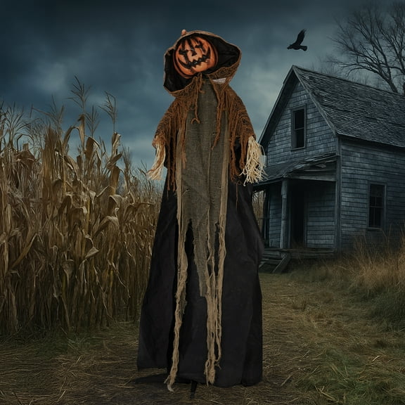 5.8ft Scary Pumpkin Man Decor - Glowing Red Eyes w/ Manual Head Movement - Indoor/Outdoor Haunted House Display for Halloween