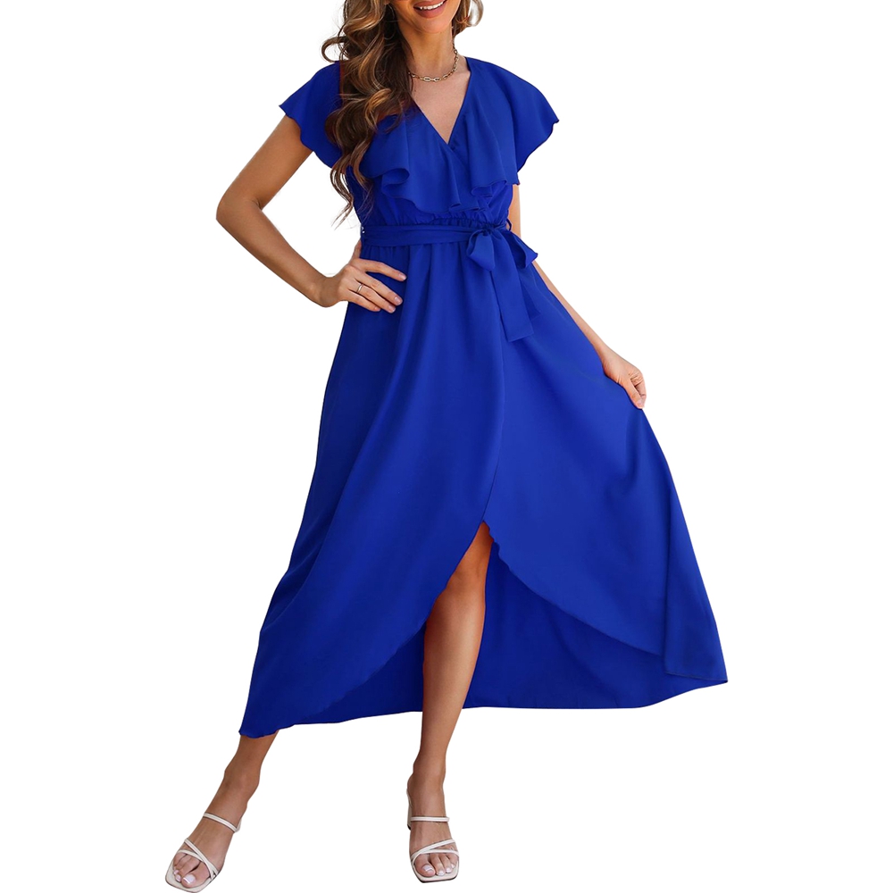 Baywell Women's Summer Wrap Chiffon Maxi Dress Ruffle V Neck Sleeveless