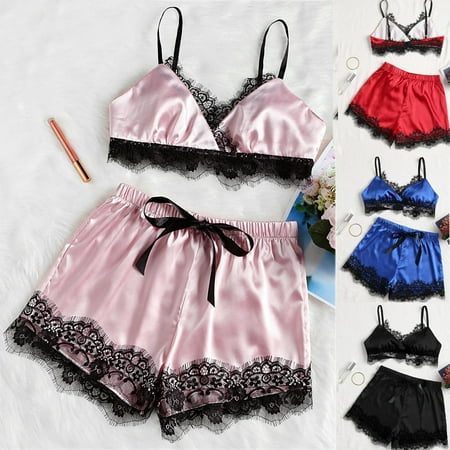 

KOOYI Womens Plus Size Eyelash Lace Lingerie Bodydoll V-neck Lace Details Pajamas Set Valentine s Nightgown Pajamas Blue / S