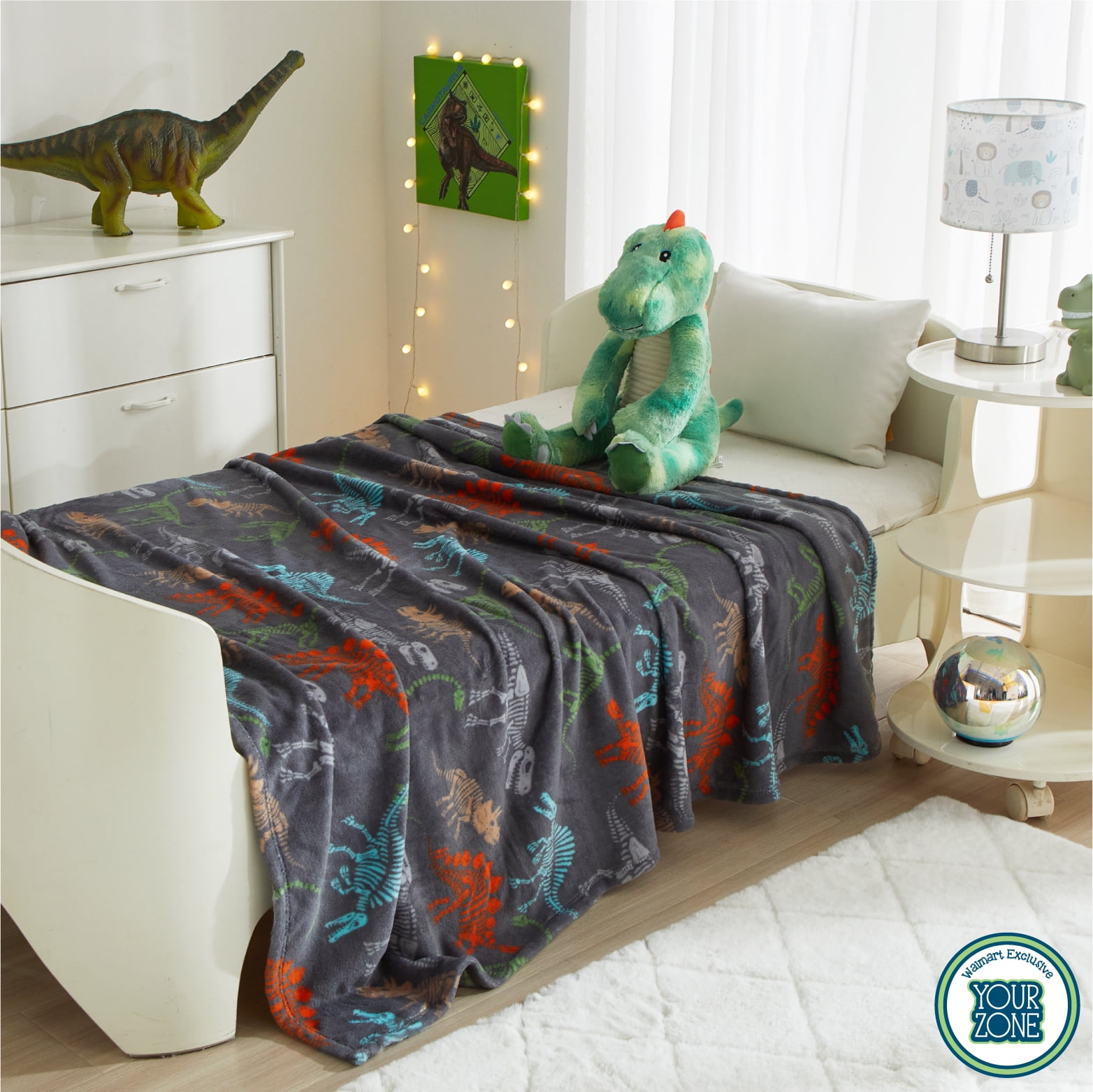 (2 pack) Your Zone 16" Huggable Dinosaur Pillow & 50" x 60" Throw Set, Green