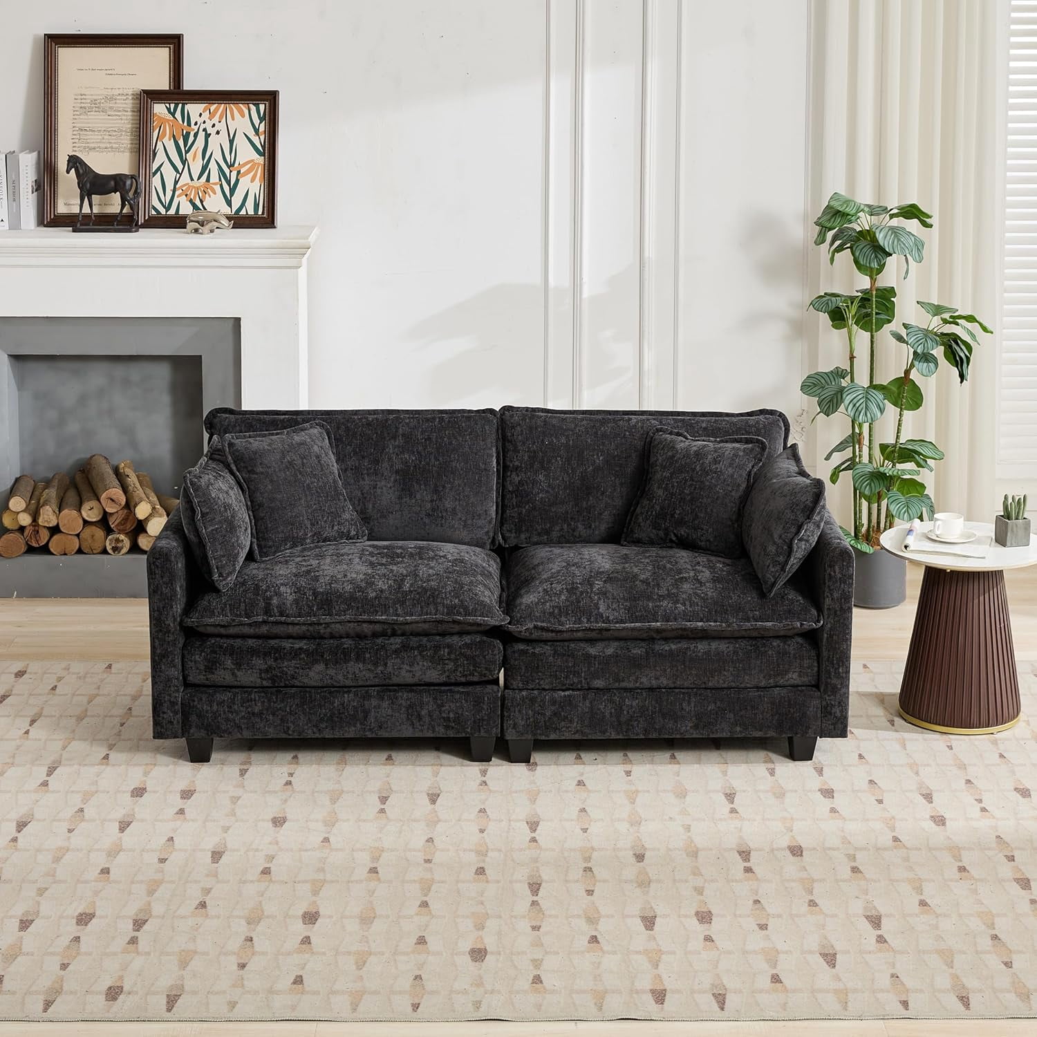 YWEN 77.95" Chenille Sectional Sofa, Comfy Modular Loveseat Sofa, Modern 2-Seat Couch Deep Seat Sofa Set for Living Room,Black
