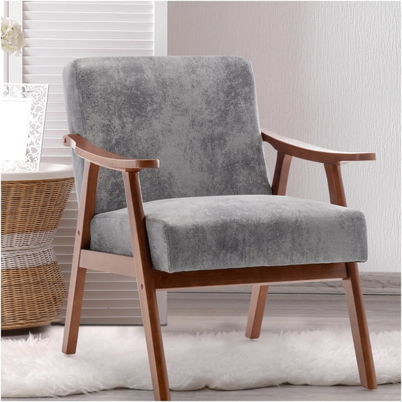 JERFIT Mid-Century Modern Accent Chair, Grey Upholstered Lounge Chair with Solid Wood Frame for Living Room, Bedroom, Reading Nook