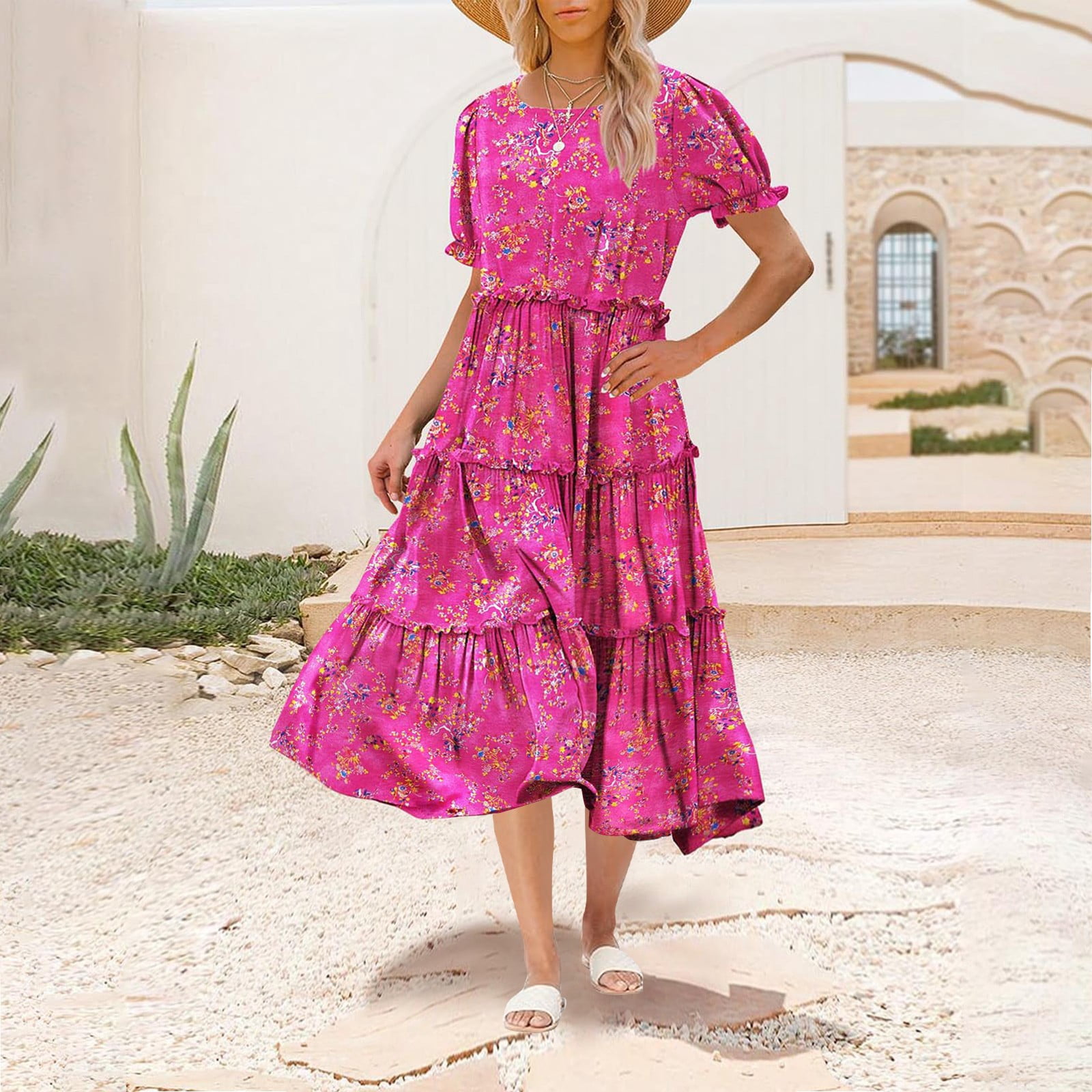 Hvot&aat Women Summer Casual Bohemian Floral Dresses Puff Short Sleeve Tiered Ruffle Flowy Swing Dress